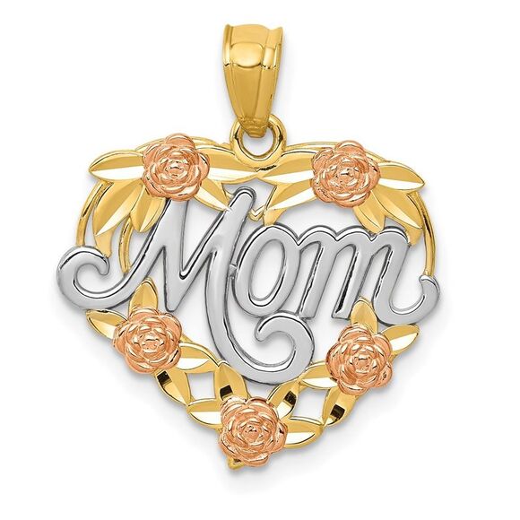 14k Two Tone Gold and White Rhodium Mom Heart with Roses Pendant 19mm